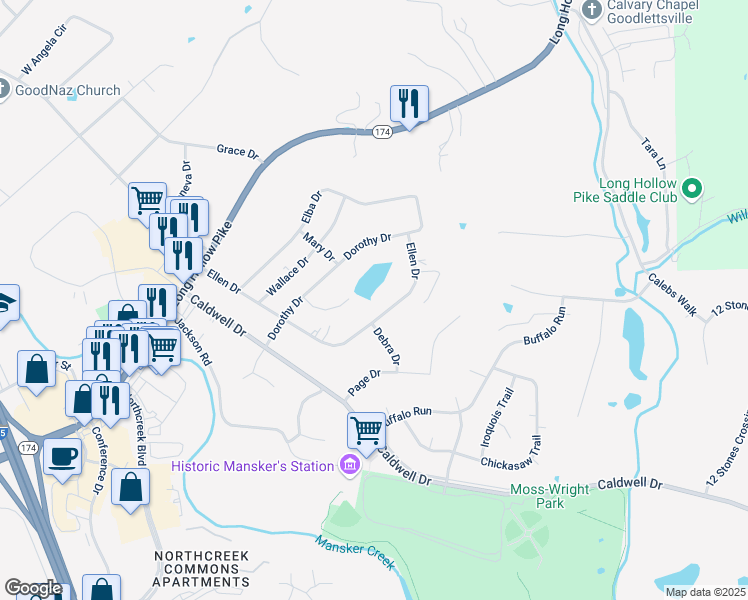 map of restaurants, bars, coffee shops, grocery stores, and more near 604 Ellen Drive in Goodlettsville