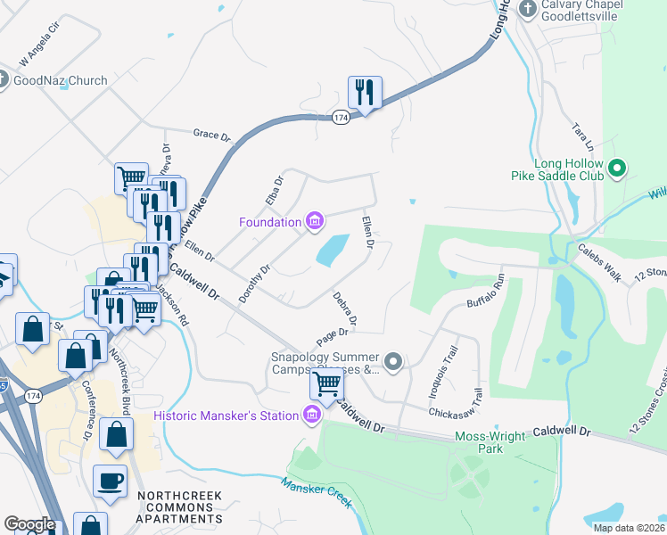 map of restaurants, bars, coffee shops, grocery stores, and more near 602 Ellen Drive in Goodlettsville