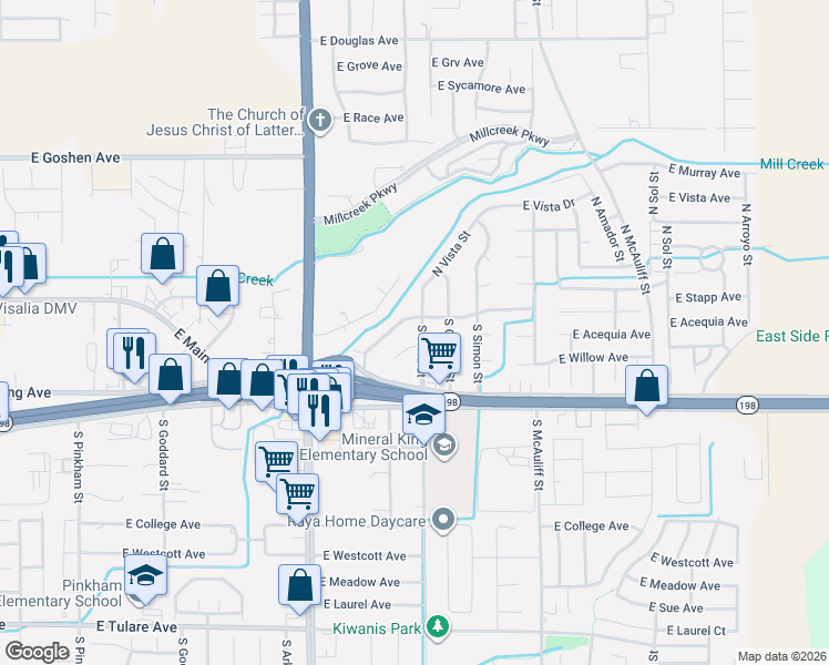 map of restaurants, bars, coffee shops, grocery stores, and more near 141 South Vista Street in Visalia