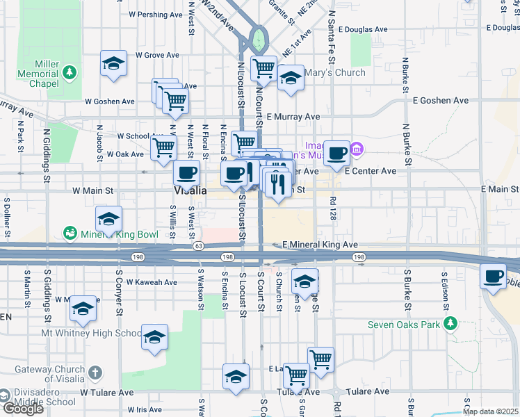map of restaurants, bars, coffee shops, grocery stores, and more near 11 West Acequia Avenue in Visalia