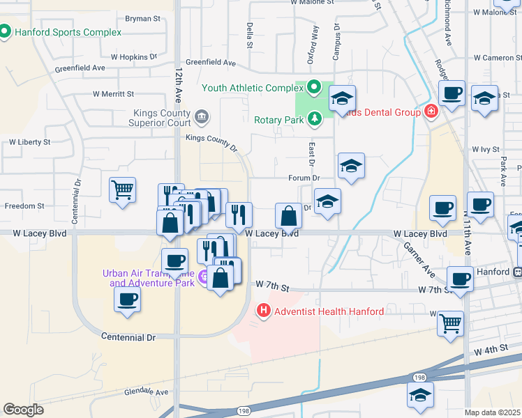 map of restaurants, bars, coffee shops, grocery stores, and more near 1524 West Lacey Boulevard in Hanford
