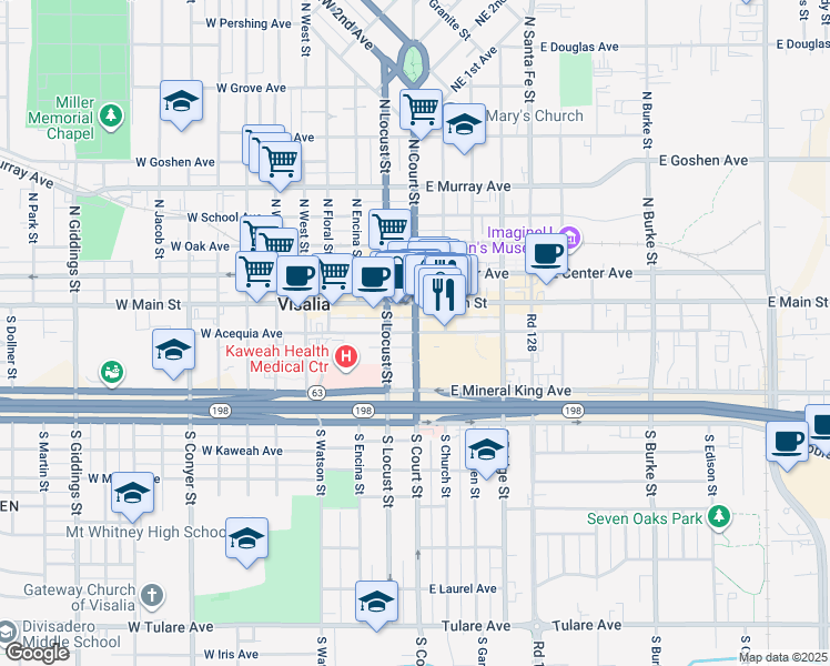 map of restaurants, bars, coffee shops, grocery stores, and more near 11 West Acequia Avenue in Visalia
