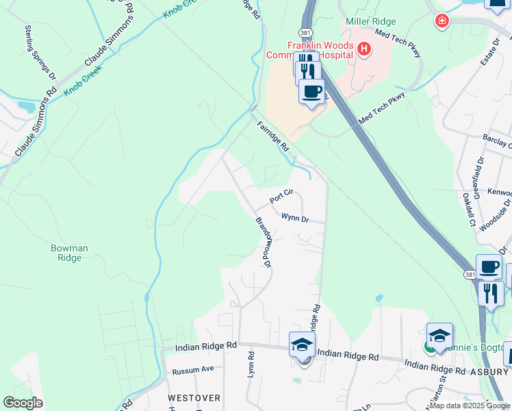 map of restaurants, bars, coffee shops, grocery stores, and more near 1824 Port Circle in Johnson City