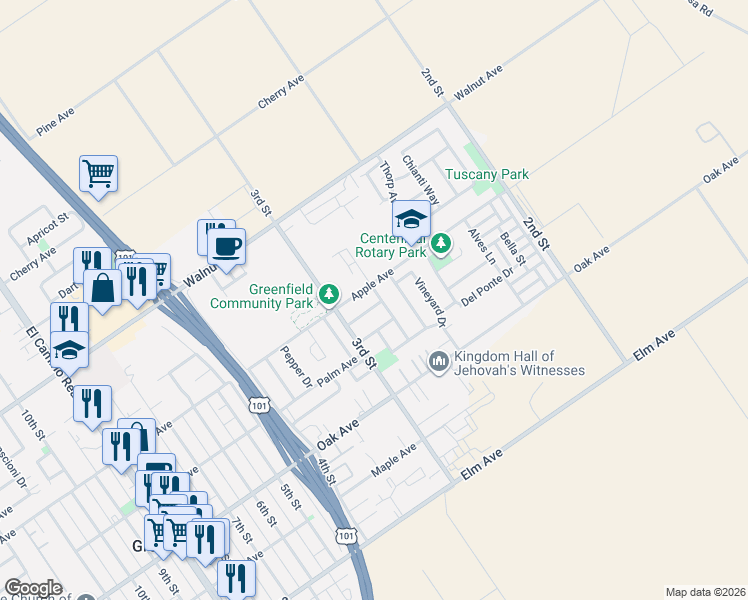 map of restaurants, bars, coffee shops, grocery stores, and more near 245 Burgundy Drive in Greenfield