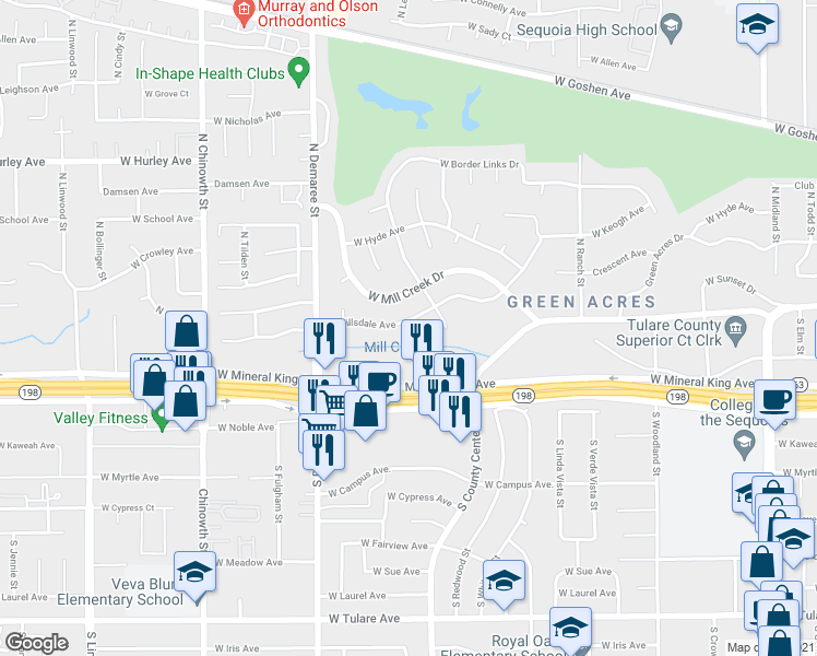 map of restaurants, bars, coffee shops, grocery stores, and more near 3347 West Hillsdale Avenue in Visalia