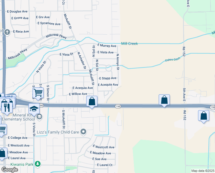 map of restaurants, bars, coffee shops, grocery stores, and more near 4303 East Acequia Avenue in Visalia