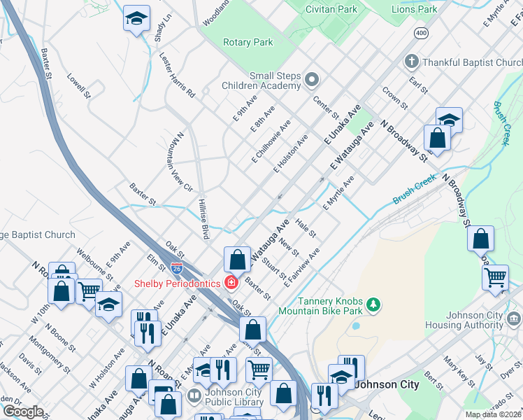 map of restaurants, bars, coffee shops, grocery stores, and more near 706 East Holston Avenue in Johnson City