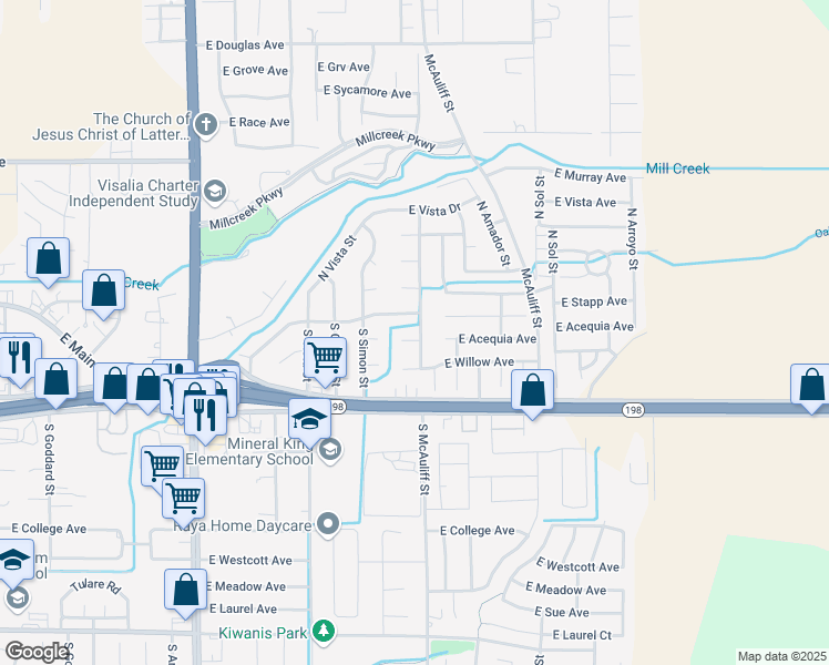 map of restaurants, bars, coffee shops, grocery stores, and more near 3642 East Acequia Court in Visalia