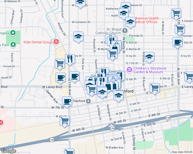 map of restaurants, bars, coffee shops, grocery stores, and more near 409 Central Avenue in Hanford