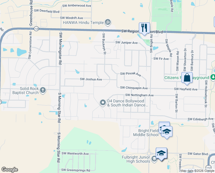 map of restaurants, bars, coffee shops, grocery stores, and more near 2505 Southwest Joshua Avenue in Bentonville