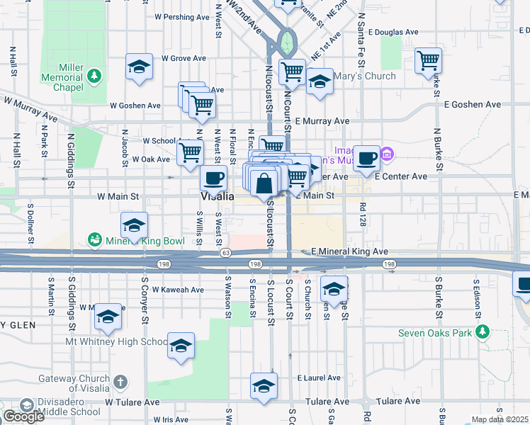 map of restaurants, bars, coffee shops, grocery stores, and more near 205 West Main Street in Visalia