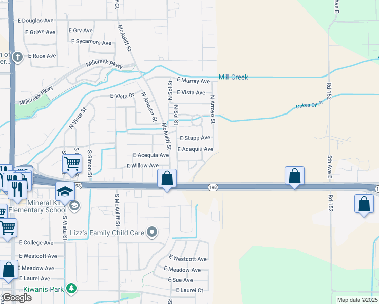 map of restaurants, bars, coffee shops, grocery stores, and more near 4227 East Acequia Avenue in Visalia
