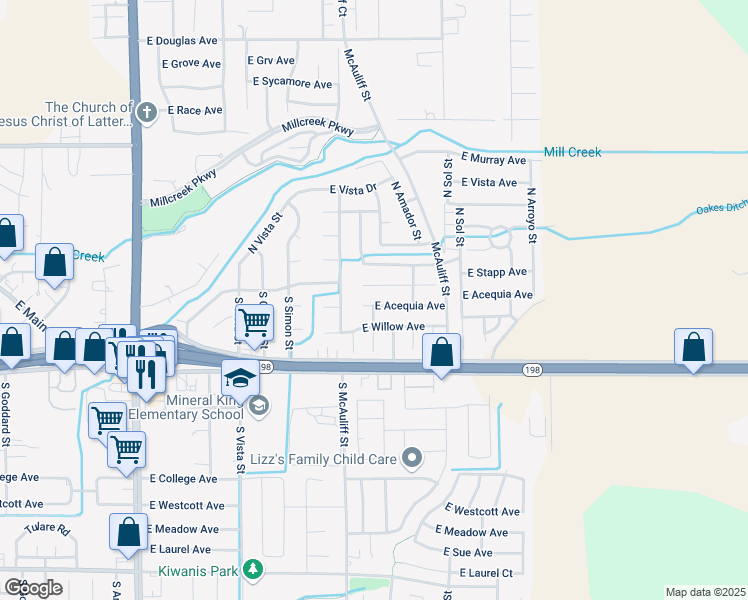 map of restaurants, bars, coffee shops, grocery stores, and more near 3816 East Acequia Avenue in Visalia