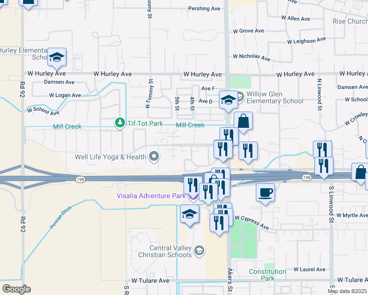 map of restaurants, bars, coffee shops, grocery stores, and more near 5603 West Hillsdale Avenue in Visalia