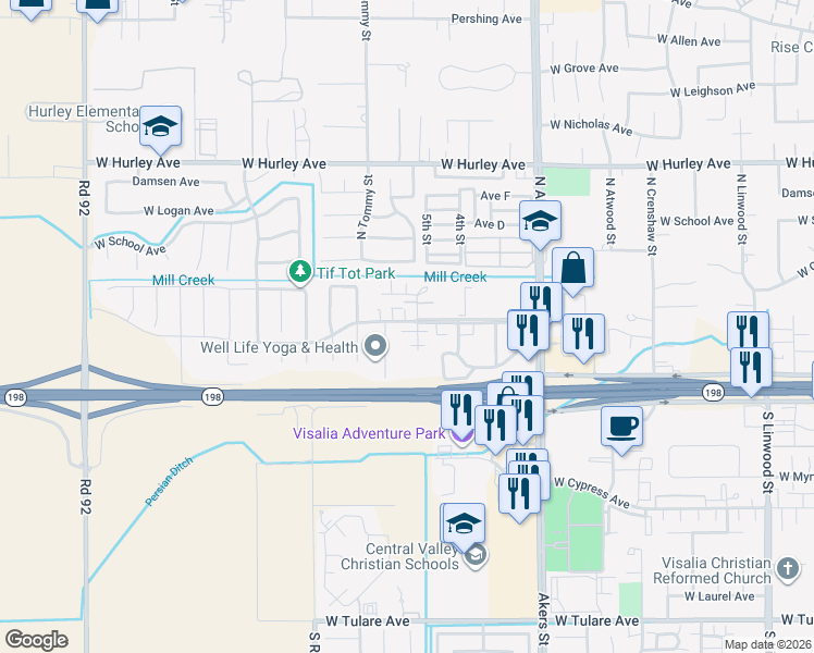 map of restaurants, bars, coffee shops, grocery stores, and more near 5733 West Hillsdale Avenue in Visalia