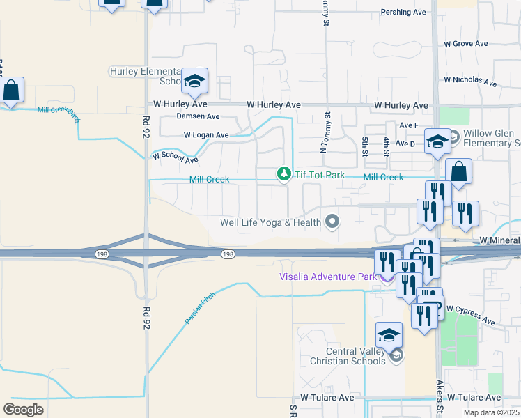 map of restaurants, bars, coffee shops, grocery stores, and more near 118 North Preston Street in Visalia