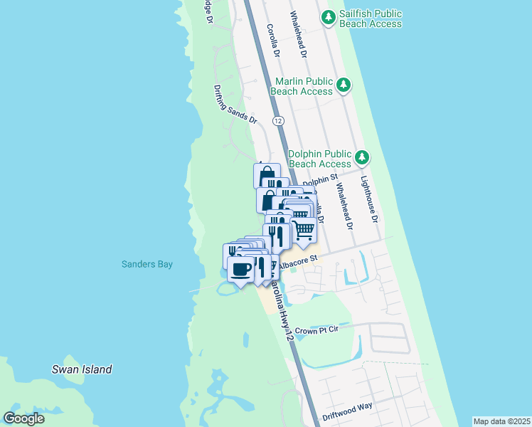 map of restaurants, bars, coffee shops, grocery stores, and more near 817M Caroline Court in Corolla