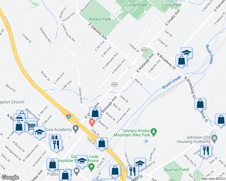 map of restaurants, bars, coffee shops, grocery stores, and more near 806 East Unaka Avenue in Johnson City