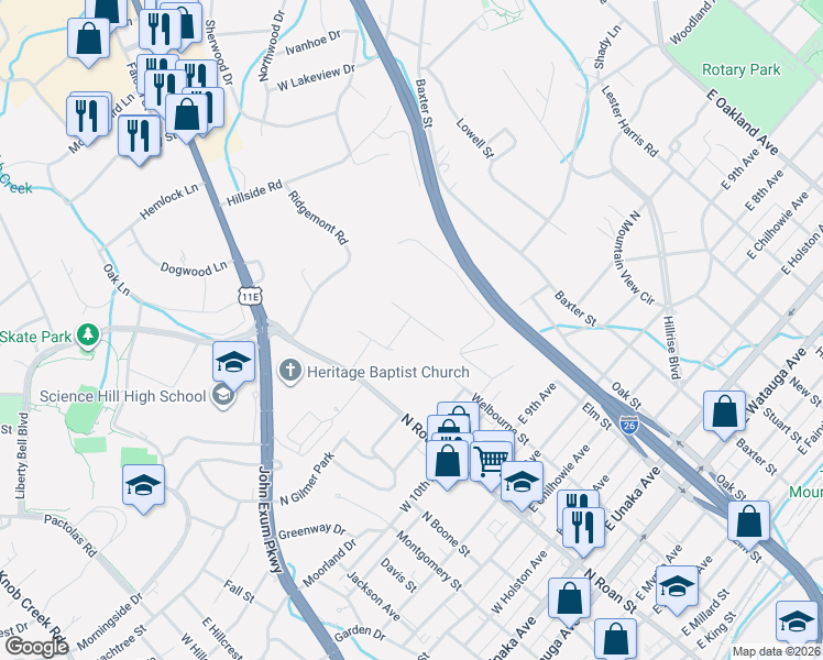 map of restaurants, bars, coffee shops, grocery stores, and more near 320 Baron Drive in Johnson City