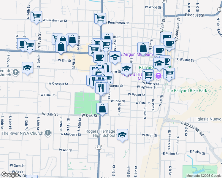 map of restaurants, bars, coffee shops, grocery stores, and more near 409 South 8th Street in Rogers