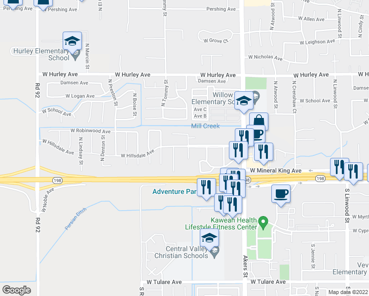 map of restaurants, bars, coffee shops, grocery stores, and more near 5731 West Hillsdale Avenue in Visalia