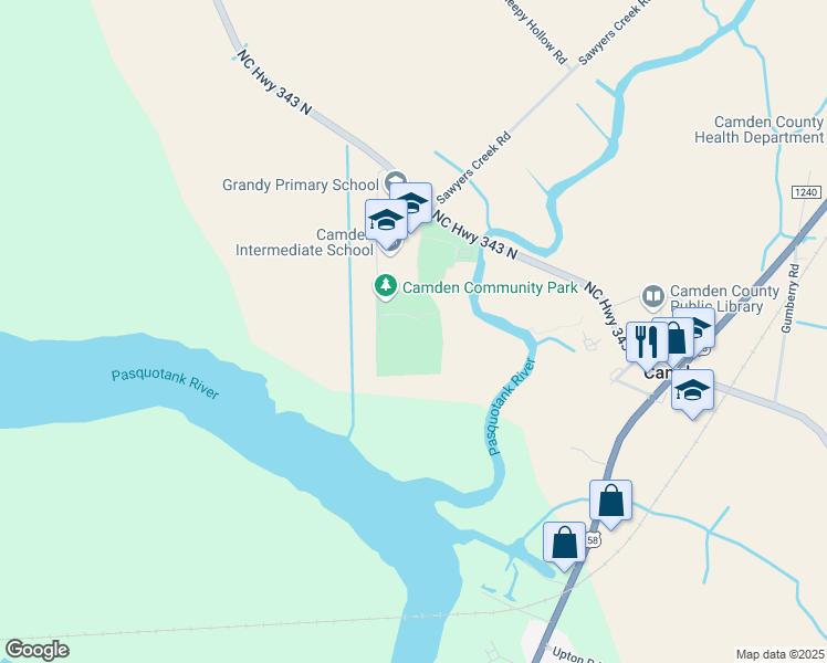 map of restaurants, bars, coffee shops, grocery stores, and more near 175 North Carolina Highway 343 South in Camden