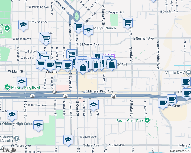 map of restaurants, bars, coffee shops, grocery stores, and more near 119 S Bridge St in Visalia