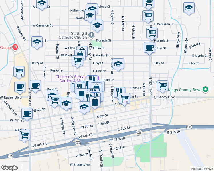 map of restaurants, bars, coffee shops, grocery stores, and more near 218 East 9th Street in Hanford