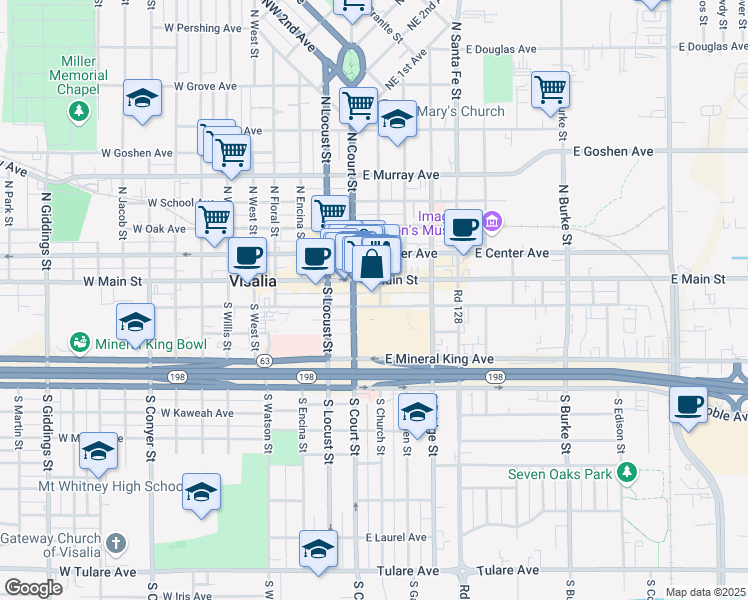 map of restaurants, bars, coffee shops, grocery stores, and more near 107 East Main Street in Visalia