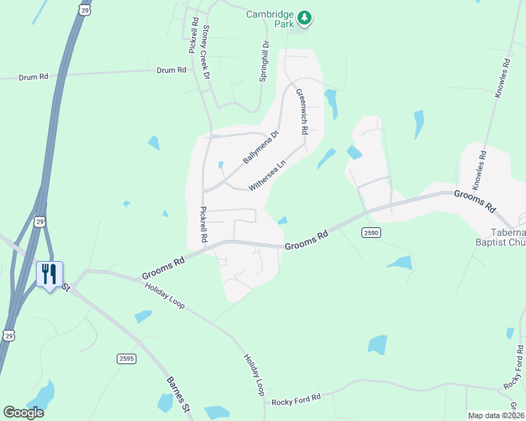map of restaurants, bars, coffee shops, grocery stores, and more near 1629 Withersea Lane in Reidsville