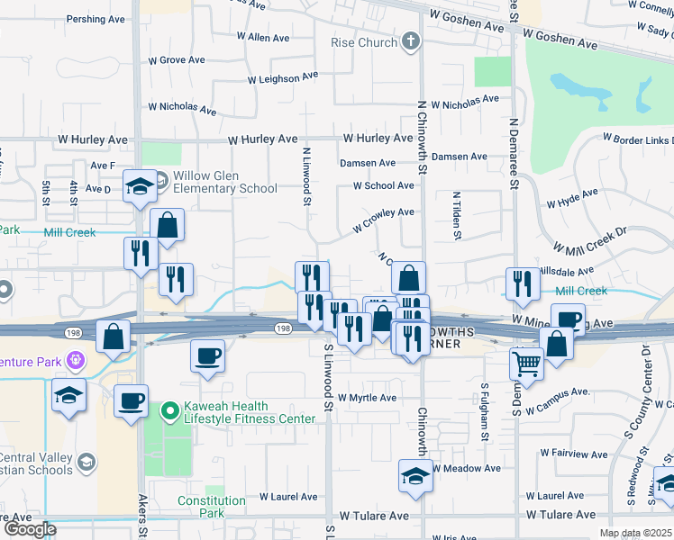 map of restaurants, bars, coffee shops, grocery stores, and more near 105 South Bollinger Road in Visalia