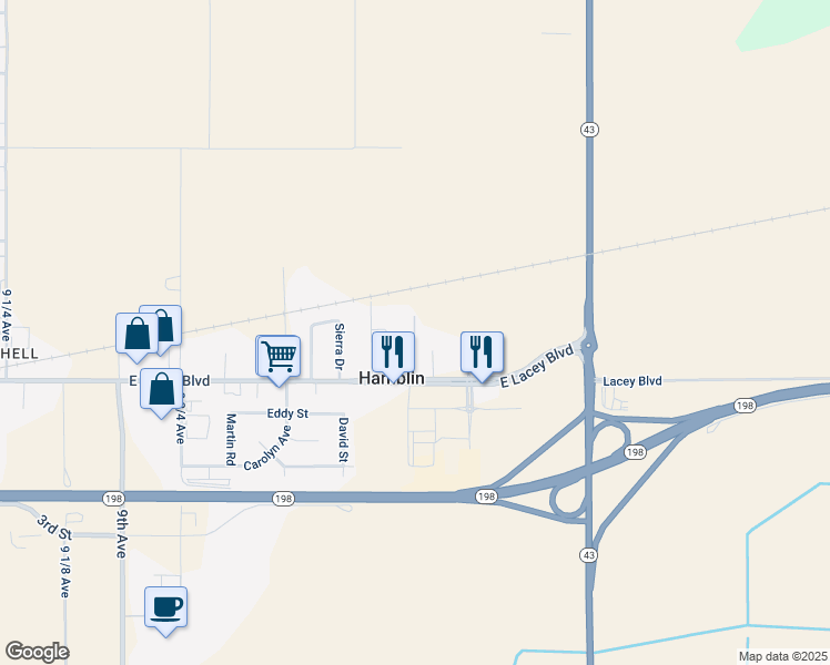 map of restaurants, bars, coffee shops, grocery stores, and more near 9936 Vidaurri Lane in Hanford