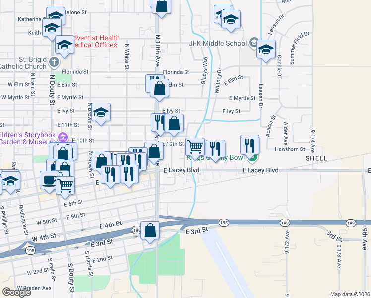 map of restaurants, bars, coffee shops, grocery stores, and more near 411 Jessie Avenue in Hanford