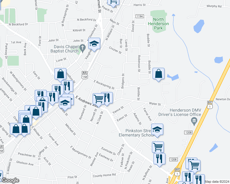 map of restaurants, bars, coffee shops, grocery stores, and more near 529 Hatch Street in Henderson