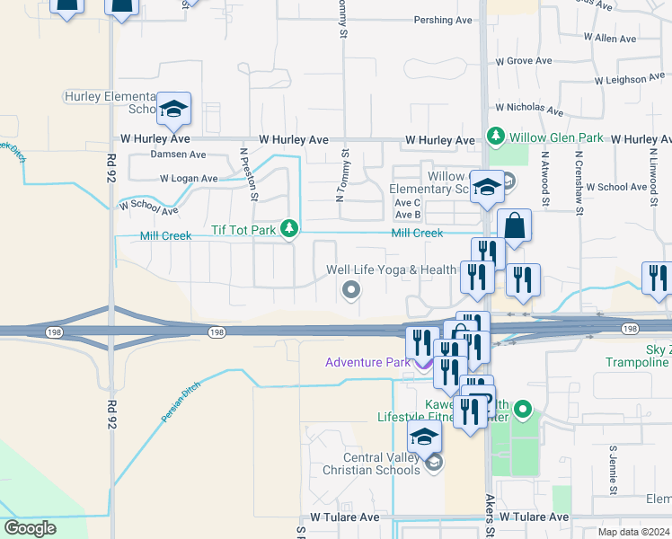 map of restaurants, bars, coffee shops, grocery stores, and more near 149 North Tommy Street in Visalia