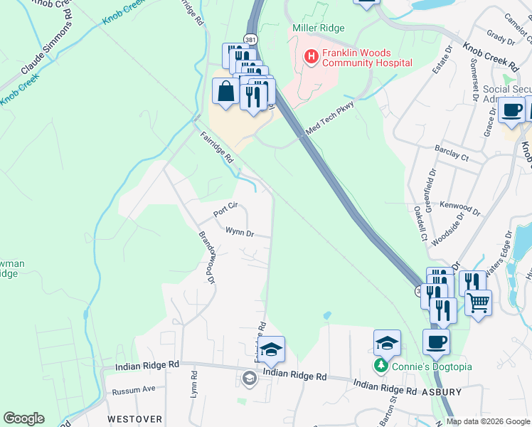 map of restaurants, bars, coffee shops, grocery stores, and more near 249 Fairridge Road in Johnson City