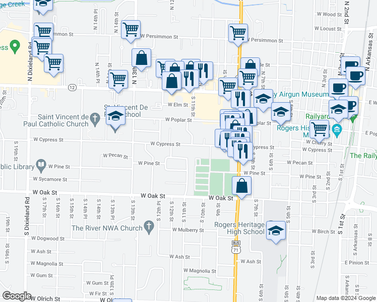 map of restaurants, bars, coffee shops, grocery stores, and more near 1020 West Cypress Street in Rogers
