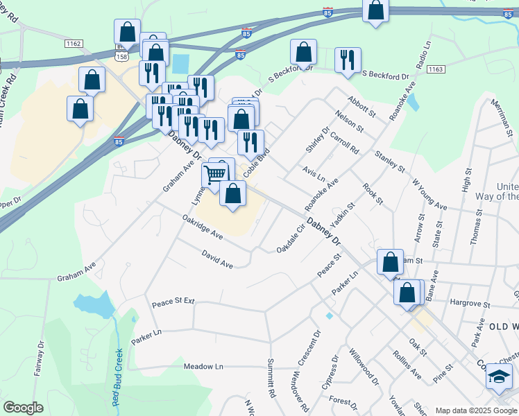 map of restaurants, bars, coffee shops, grocery stores, and more near 1201 Dabney Drive in Henderson