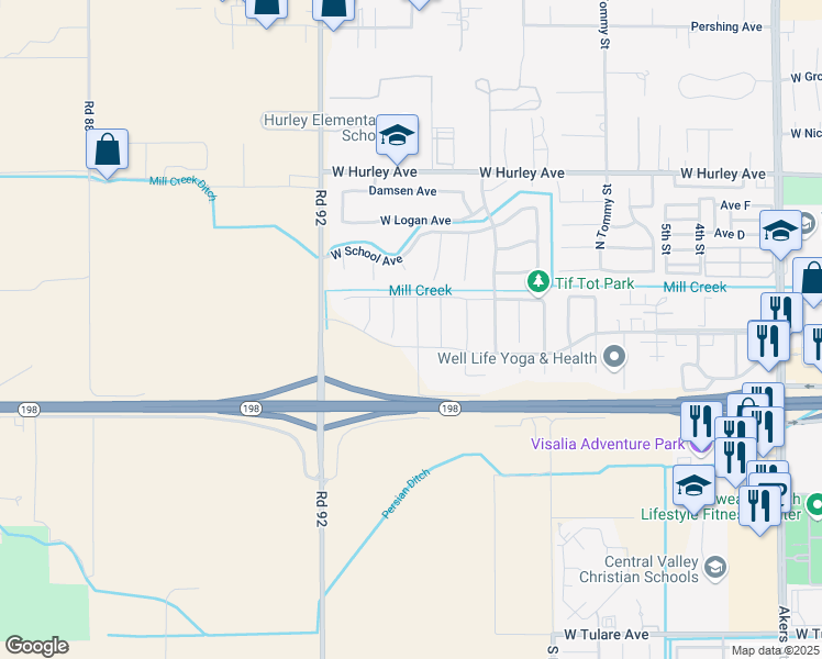 map of restaurants, bars, coffee shops, grocery stores, and more near 125 North Lindsay Street in Visalia
