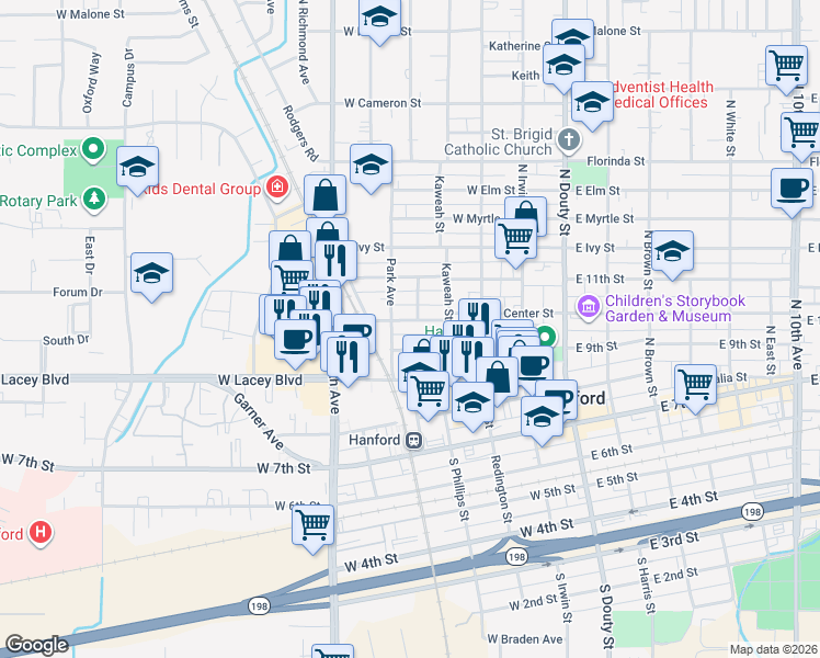 map of restaurants, bars, coffee shops, grocery stores, and more near 420 Central Avenue in Hanford