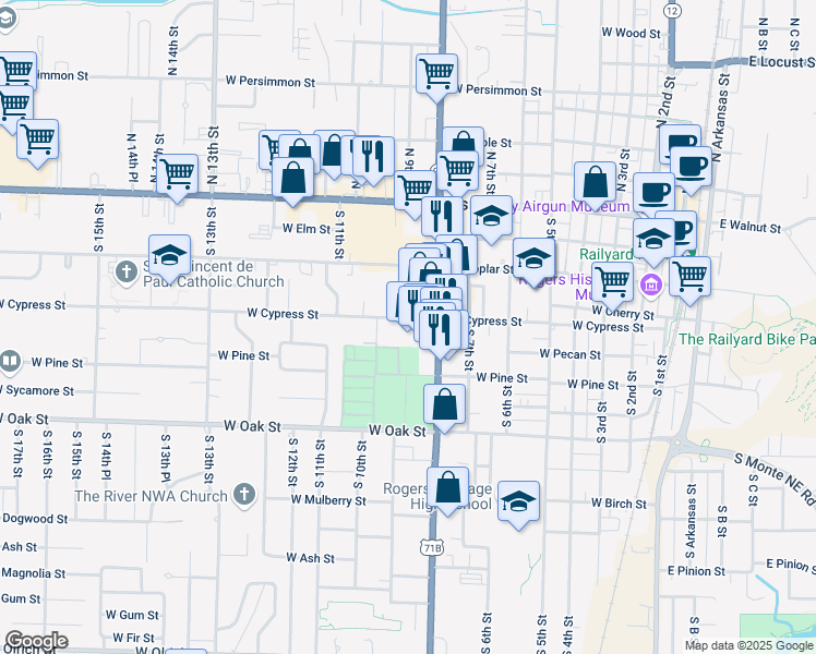 map of restaurants, bars, coffee shops, grocery stores, and more near 832 West Cypress Street in Rogers
