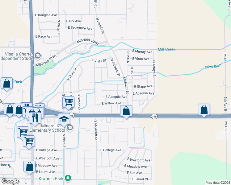 map of restaurants, bars, coffee shops, grocery stores, and more near 4014 East Stapp Court in Visalia