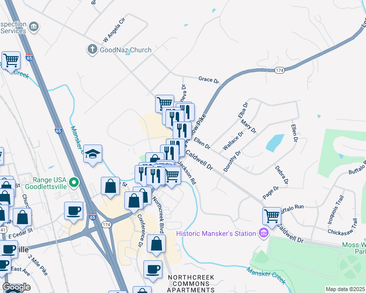 map of restaurants, bars, coffee shops, grocery stores, and more near 430 Long Hollow Pike in Goodlettsville