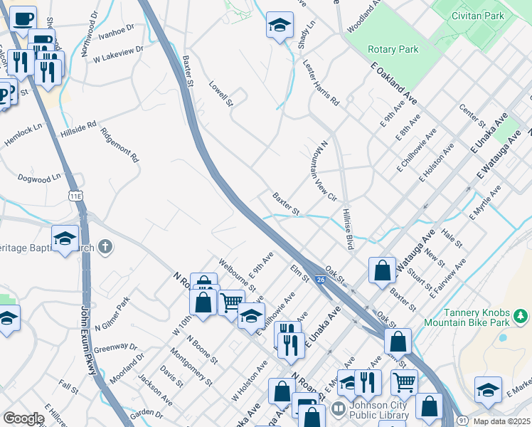 map of restaurants, bars, coffee shops, grocery stores, and more near 1007 Oak Street in Johnson City