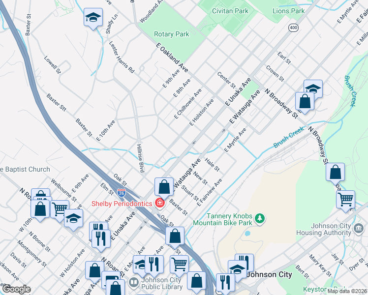 map of restaurants, bars, coffee shops, grocery stores, and more near 706 East Holston Avenue in Johnson City