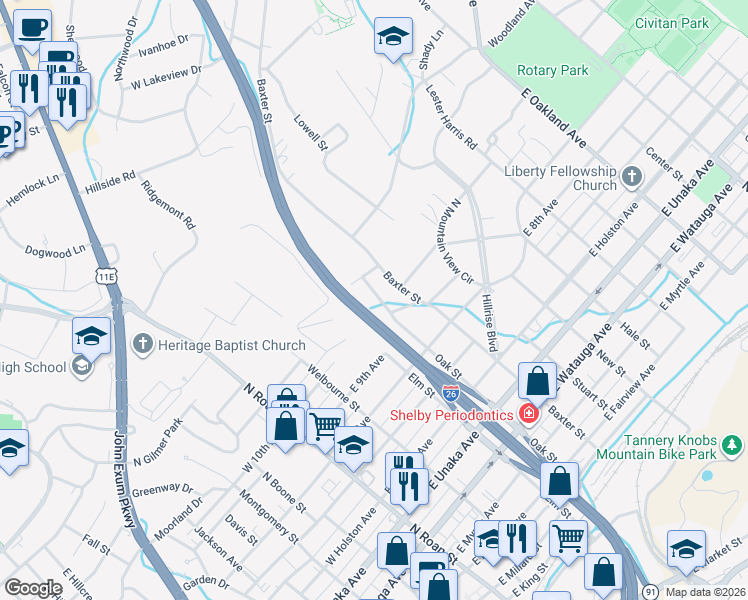 map of restaurants, bars, coffee shops, grocery stores, and more near 1011 Oak Street in Johnson City