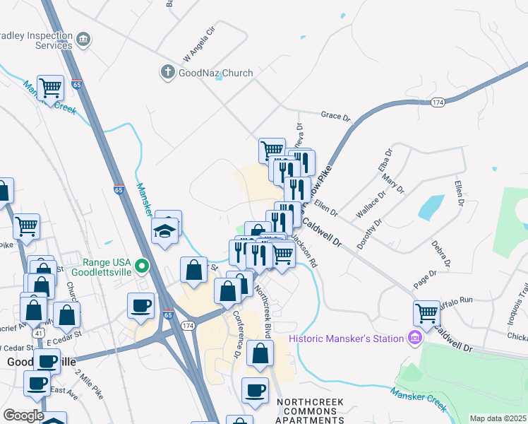 map of restaurants, bars, coffee shops, grocery stores, and more near 2025 Caldwell Drive in Goodlettsville