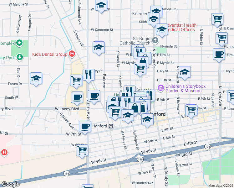 map of restaurants, bars, coffee shops, grocery stores, and more near 409 Central Avenue in Hanford