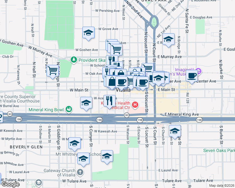map of restaurants, bars, coffee shops, grocery stores, and more near in Visalia