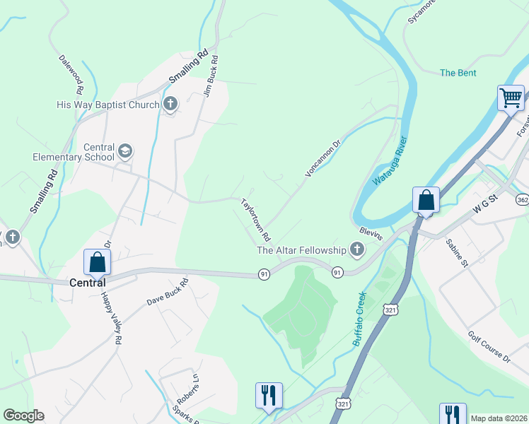 map of restaurants, bars, coffee shops, grocery stores, and more near 144 Taylortown Rd in Johnson City
